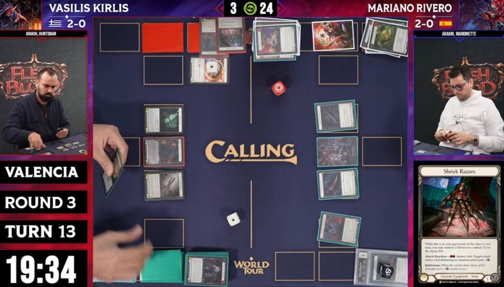 Vasikis Kirlis se segura com 3 de vida jogando de Arakni Huntsman contra Mariano Rivero com 24 de vida, jogando com Arakni, Marionette