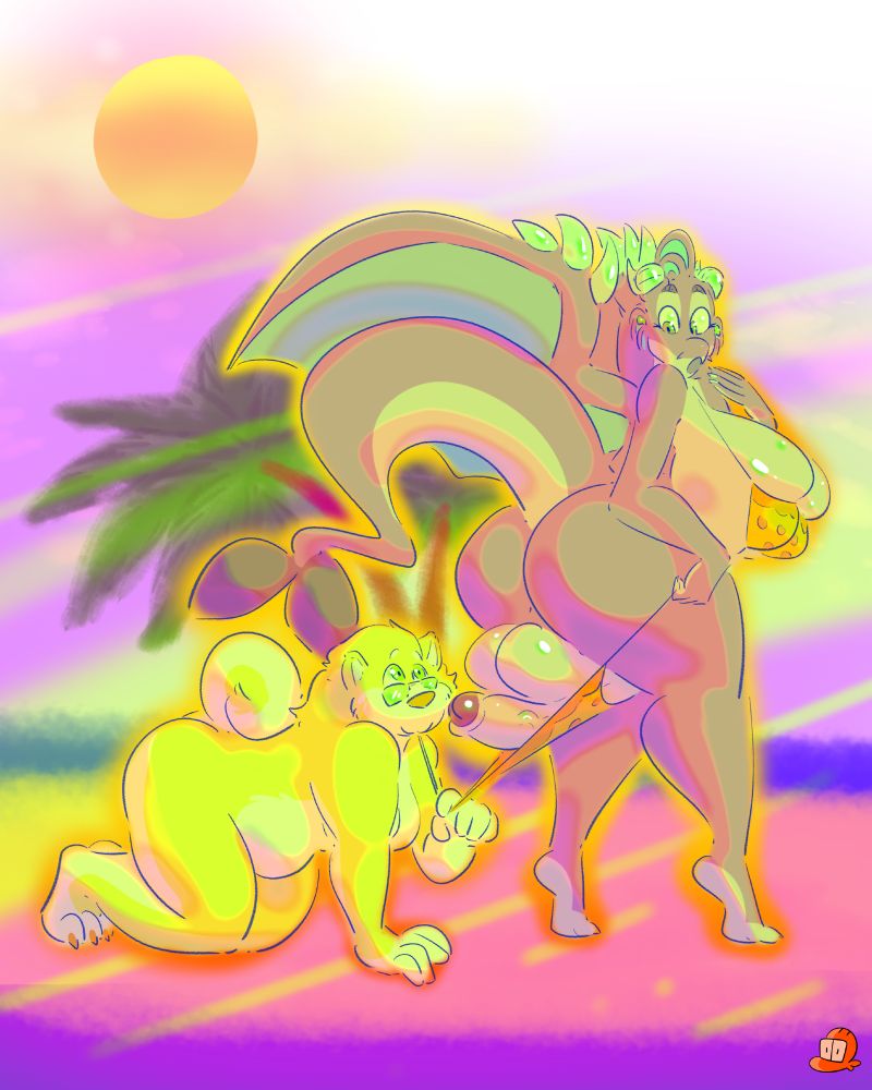 a sea dragon lady in a pizza bikini is looking back in surprise whilst a nude canine lady on all fours is pulling down her panties from behind, letting the sea dragon lady's heavy balls and cock flop out, the collective pose reminiscent of the Coppertone logo