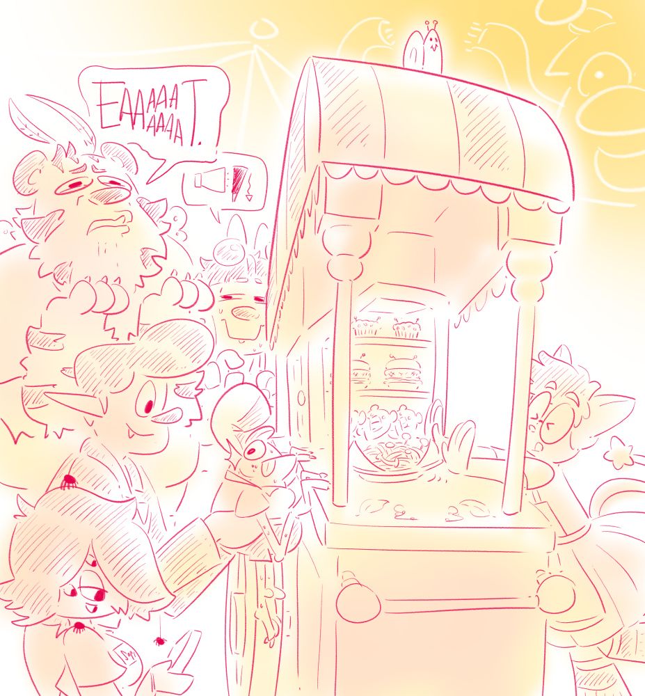 a bunch of employees of Dream Grove Gardens, a theme park belonging to BigNoseBug, lining up to get treats at a treat cart 