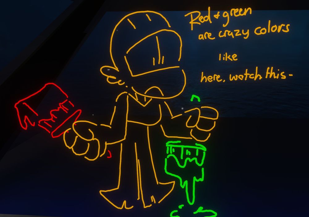 vrchat doodle of platypus mascot holding red and green paintbrushes and saying "Red and green are crazy colors. like. here watch this-"