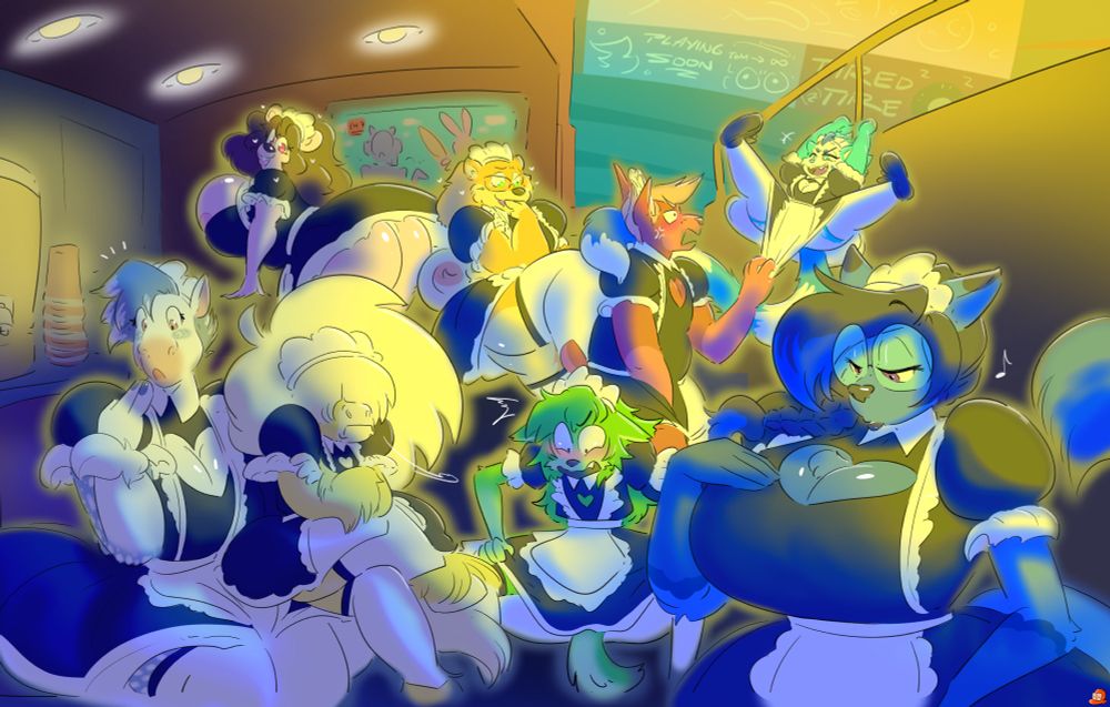 several people of varying animal species dressed up in maid outfits whilst in the dugout of a baseball stadium. a short horse guy is grumpily sitting on the lap of a surprised horse lady, a glasses-wearing coyote lady is observing how well she fills the outfit out, a green fox is looking down at himself flustered in shock, a red dog guy is pulling down the edge of the maid dress of a shorter lady who is hanging off a railing to keep her from flashing her underwear, and two other ladies are observing themselves in their new outfits with pleased horny looks