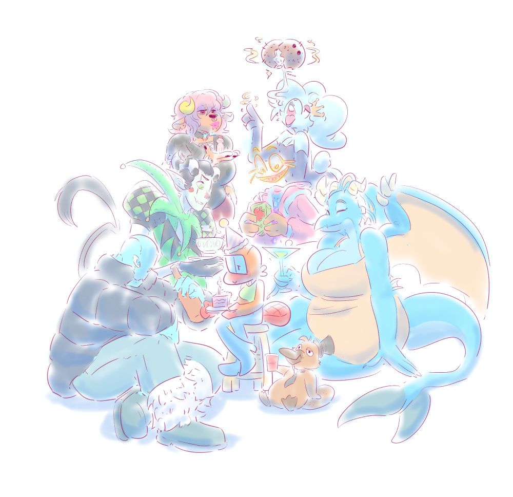 platypus mascot has her birthday cake with a few visitors, including Shikkiwi, EnterJokeHere, VelaLightheart, AzaleaRose, Hoppingmadking, Echo_Heo, and friendlyplatypus