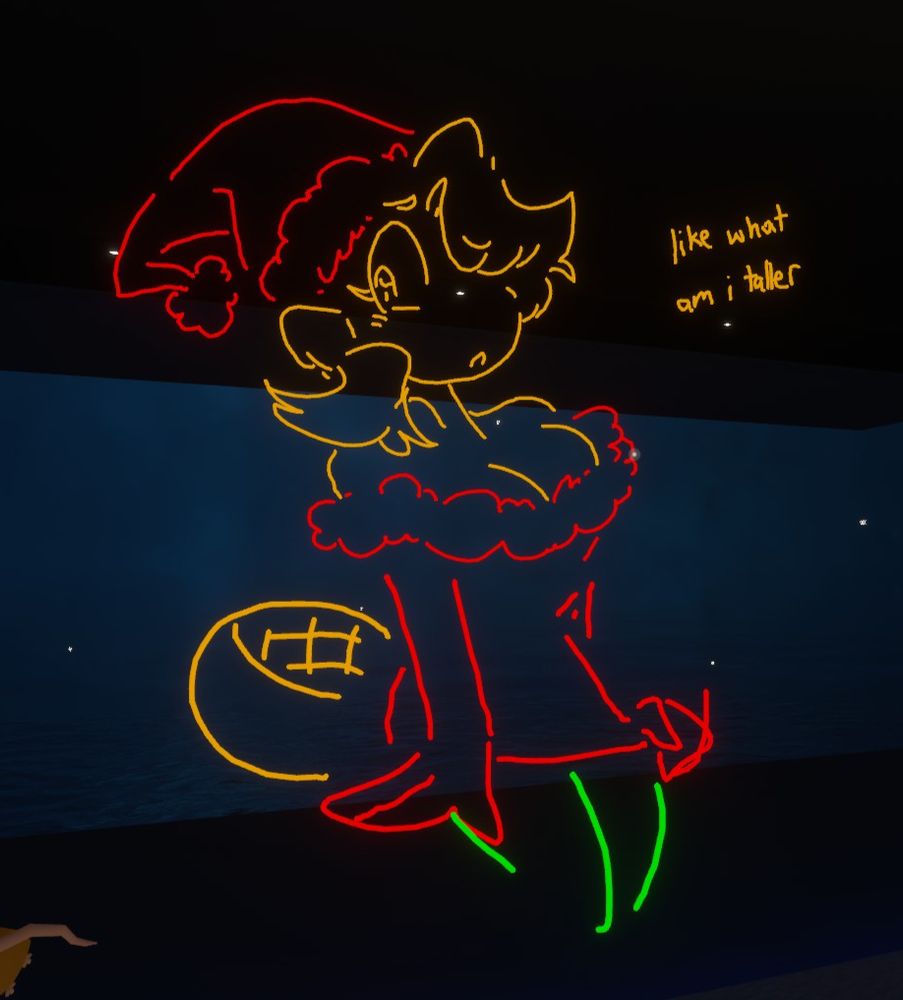 vrchat doodle of platypus mascot now in a red outfit with green leggings, decidedly curvier, saying "like what. am i taller."