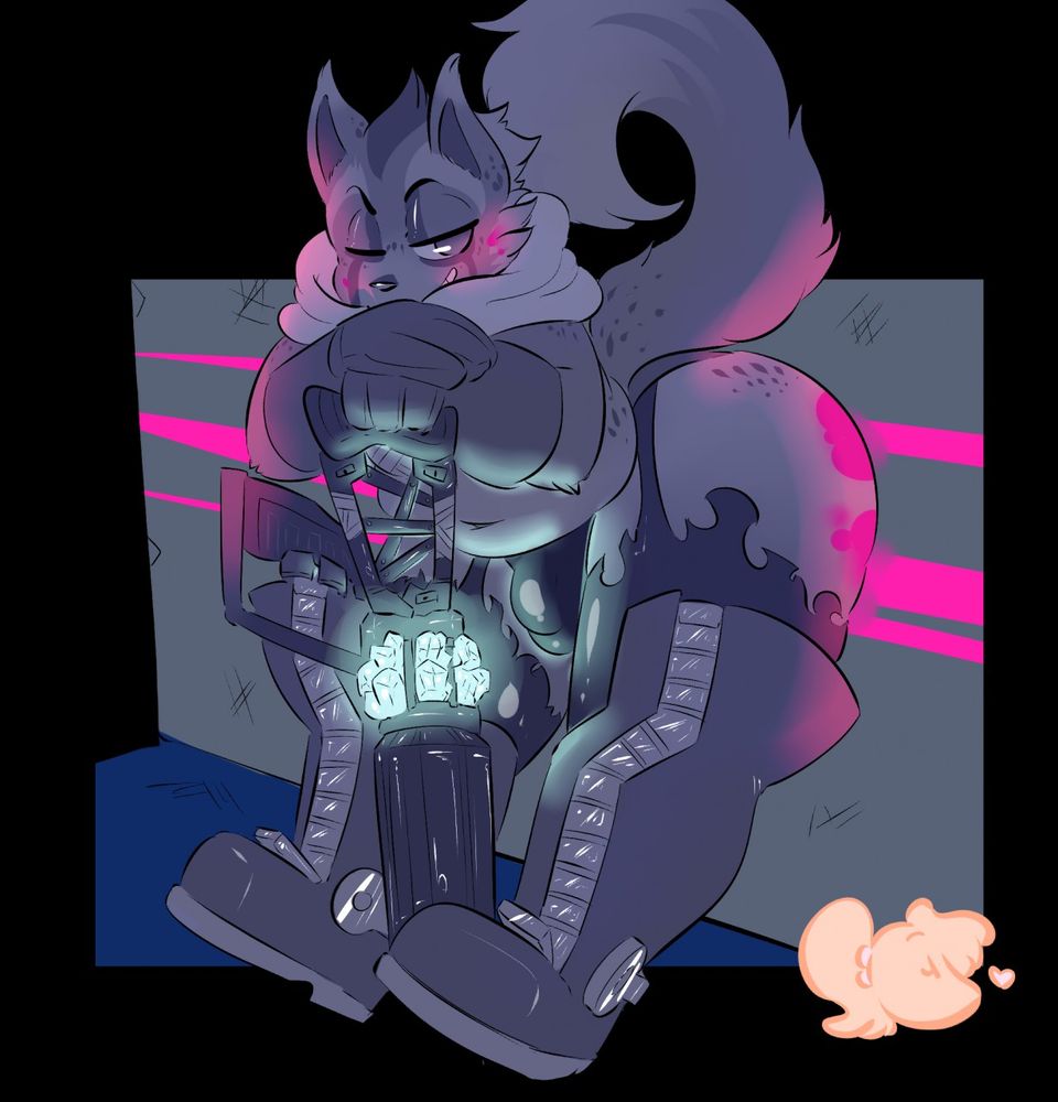 a character in somewhat skimpy torn clothes leans back against some fluoresecent paint they've streaked across a wall, making it smudge on their buttcheeks while they lean forward some on a rifle