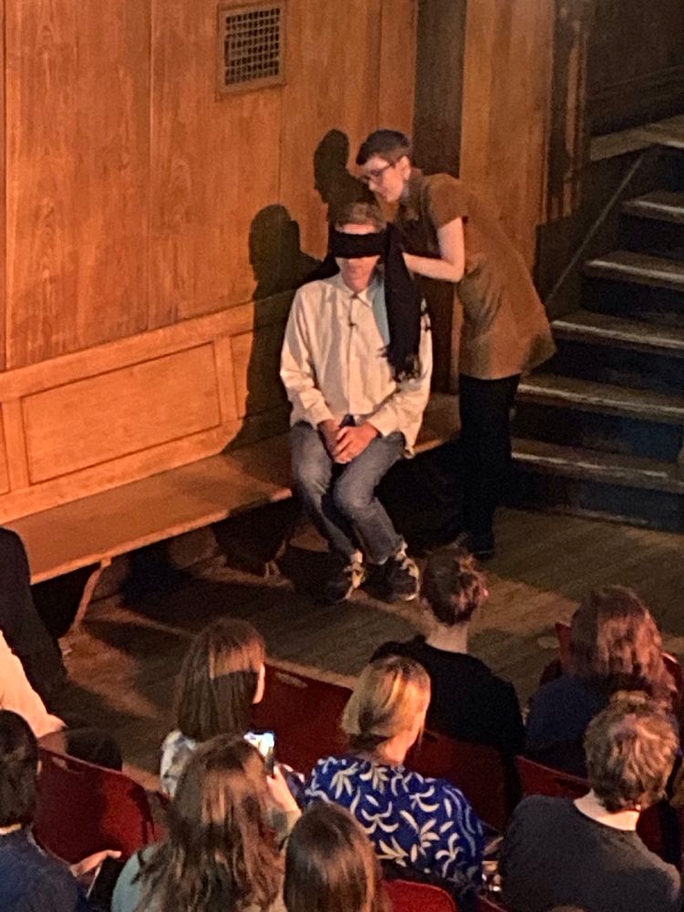 Patricia Lockwood blindfolds the event’s interviewer.