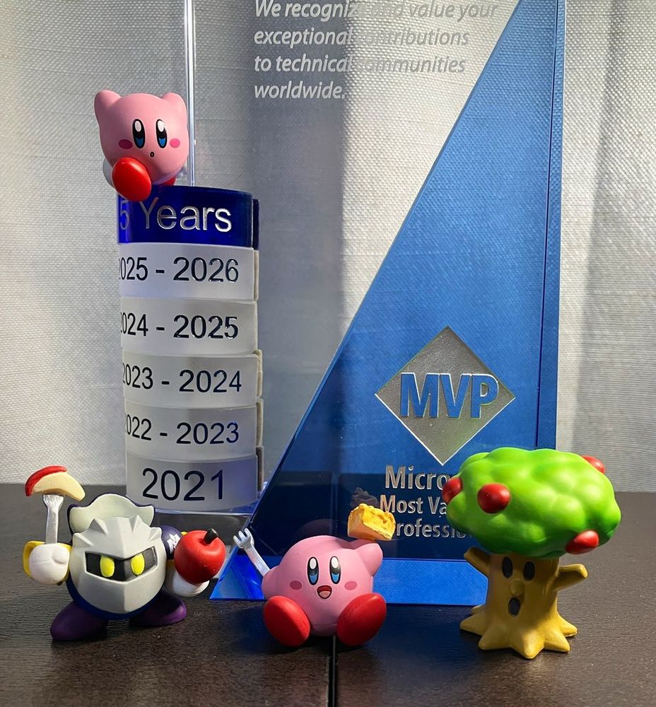 A Microsoft MVP (Most Valuable Professional) award trophy with "5 Years" and year tags from 2021 to 2026. Surrounding the trophy are four Kirby characters: Kirby on top of the trophy, Meta Knight holding a red apple and sword, Kirby sitting with a fork and food, and a tree-like character with apples.