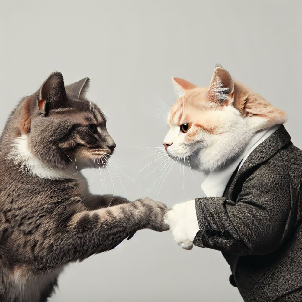 Cats shaking hands because they signed up a new client for their SEO services