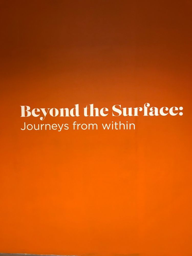 An orange wall with the exhibition title text, "Beyond the Surface: Journeys from within," written in white. The minimalist design highlights the exhibition’s focus.