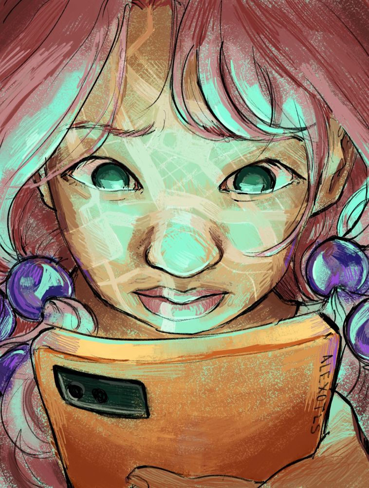 An illustration of Yasuho Hirose from Jojo's Bizarre Adventure looking at her phone with a worried expression and a map grid overlaid on her face.