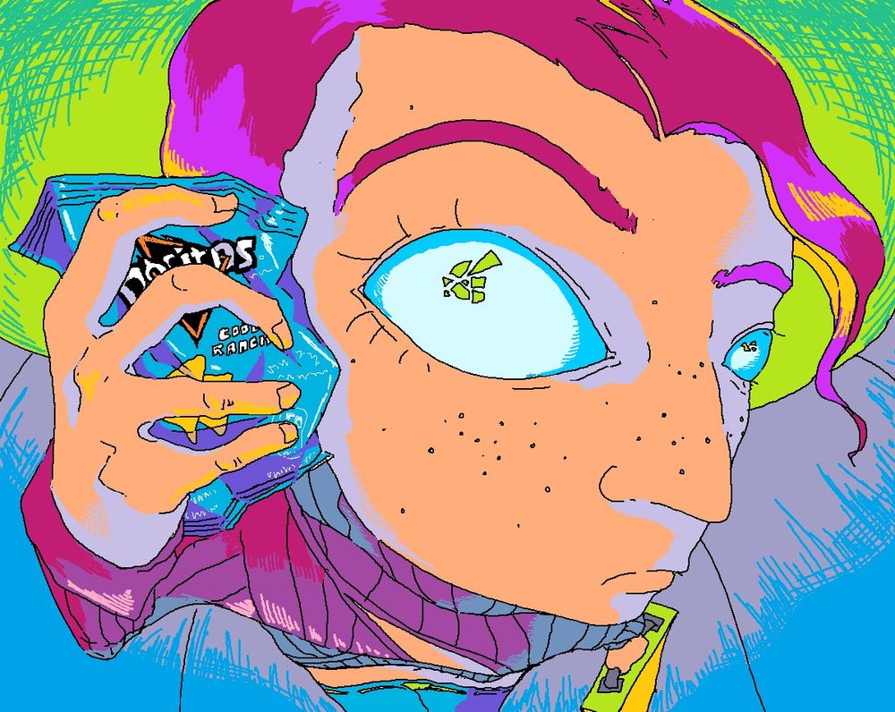 An illustration of Vinegar Doppio staring up at the camera with exaggerated fisheye lens perspective. He's holding a bag of Doritos to his ear like a phone.