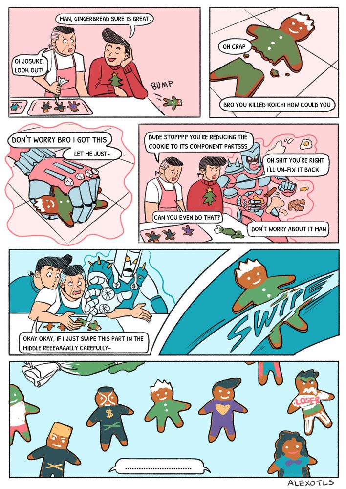Page 1 of a comic about Josuke Higashikata and Okuyasu Nijimura making gingerbread cookies.