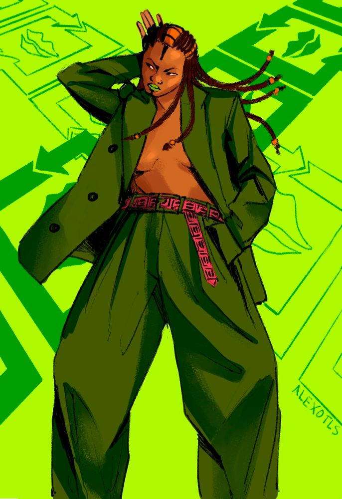 An illustration of Hermes Costello wearing a green suit with an open jacket and no shirt. The background is covered in a Kiss sticker pattern.