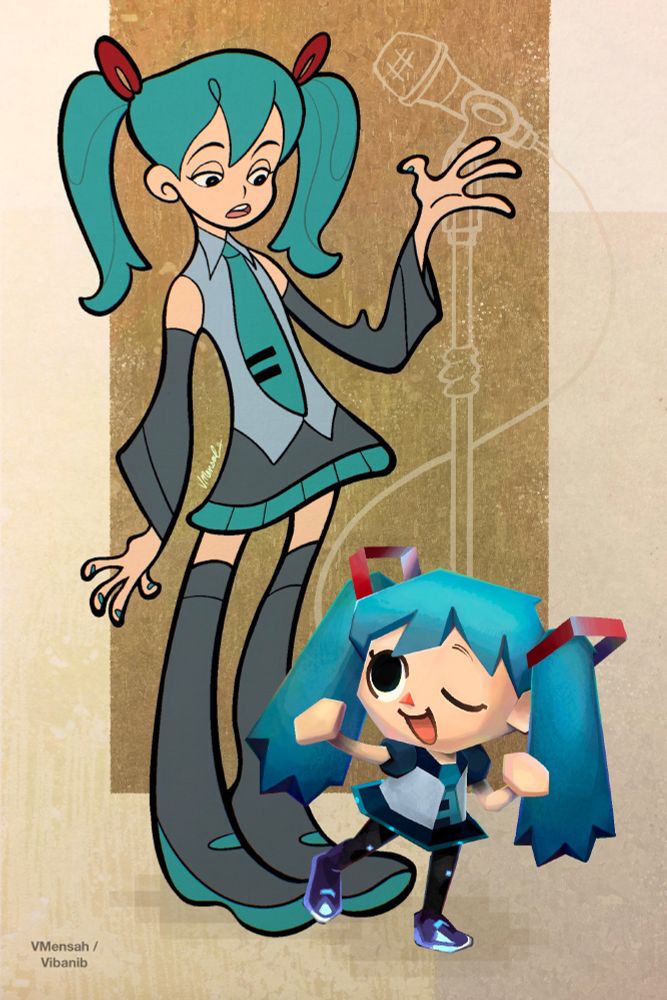A style clash of Class of 3000 Miku (left) and Animal Crossing Miku (Right), with a microphone behind the two, just hanging out with each other; both representative of the childhood experience of growing up in the early 2000s.