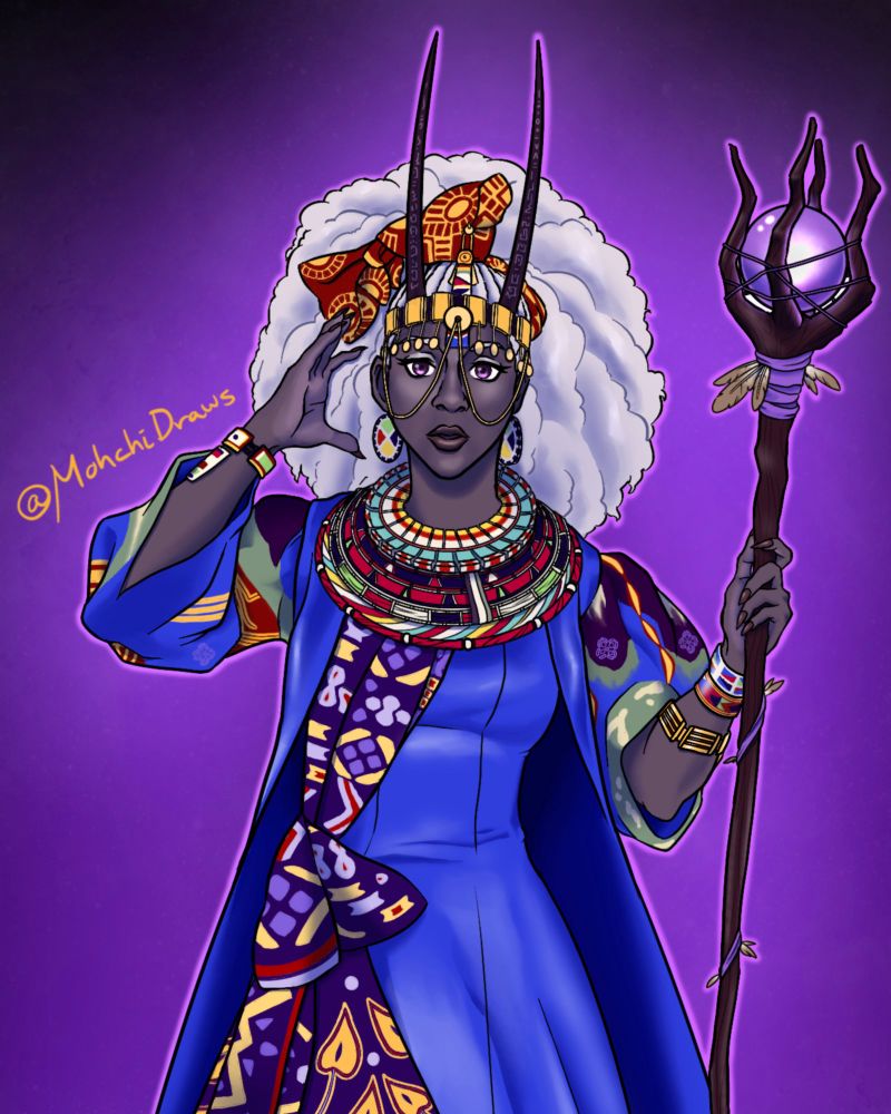 #dimension20fanart of Gertrude from Dungeons and Drag Queens. She is a dark skinned tiefling and is wearing a gown of inspired by African silks and patterns, holding a rod with a glowing blue crystal ball
#artistonbluesky #art
