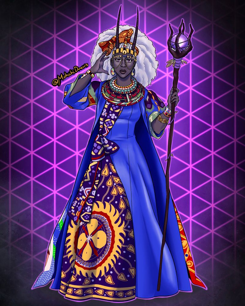 #dimension20fanart of Gertrude from Dungeons and Drag Queens. She is a dark skinned tiefling and is wearing a gown of inspired by African silks and patterns, holding a rod with a glowing blue crystal ball
#artistonbluesky #art