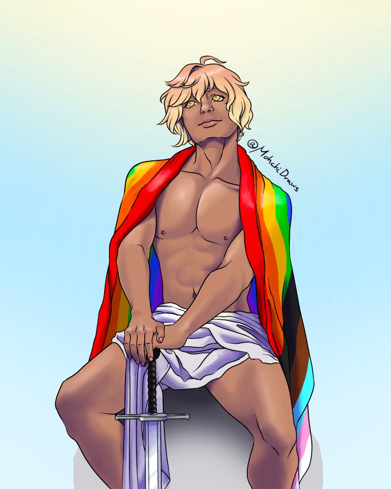 A dark skinned figured draped in an LGBTQ pride flag looks up hopefully, hands resting on a sword