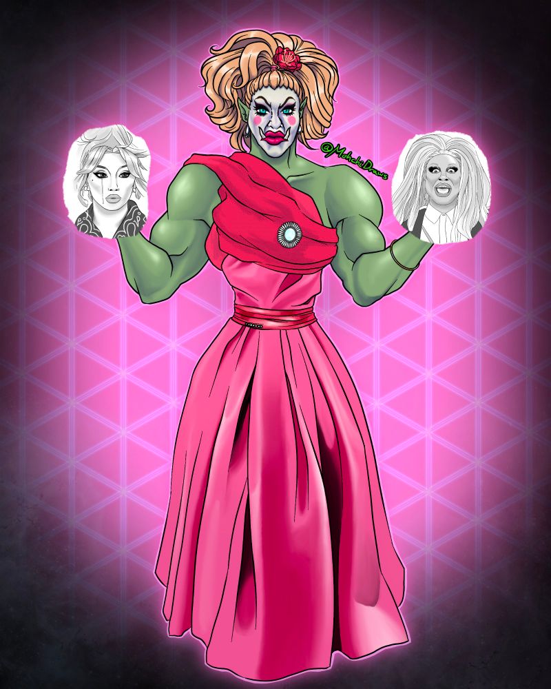 #d20fanart of Princess from Dungeons and Drag Queens. She is a muscular green skinned orc wearing a large blonde ponytail, pink gown, and flipping the bird (censored by faces of Jujubee and Bob the Drag Queen)
#dungeonsanddragqueens #rdpr #dragrace #alaskathunderfuck #dimension20fanart