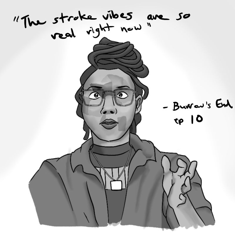 #artstudy of Aabria Iyengar as GMing Burrow's End. Her eyes are crossed as she appears to suffer a stroke
#aabriaiyengar #dimension20 #dimension20faces #burrowsend #aabria