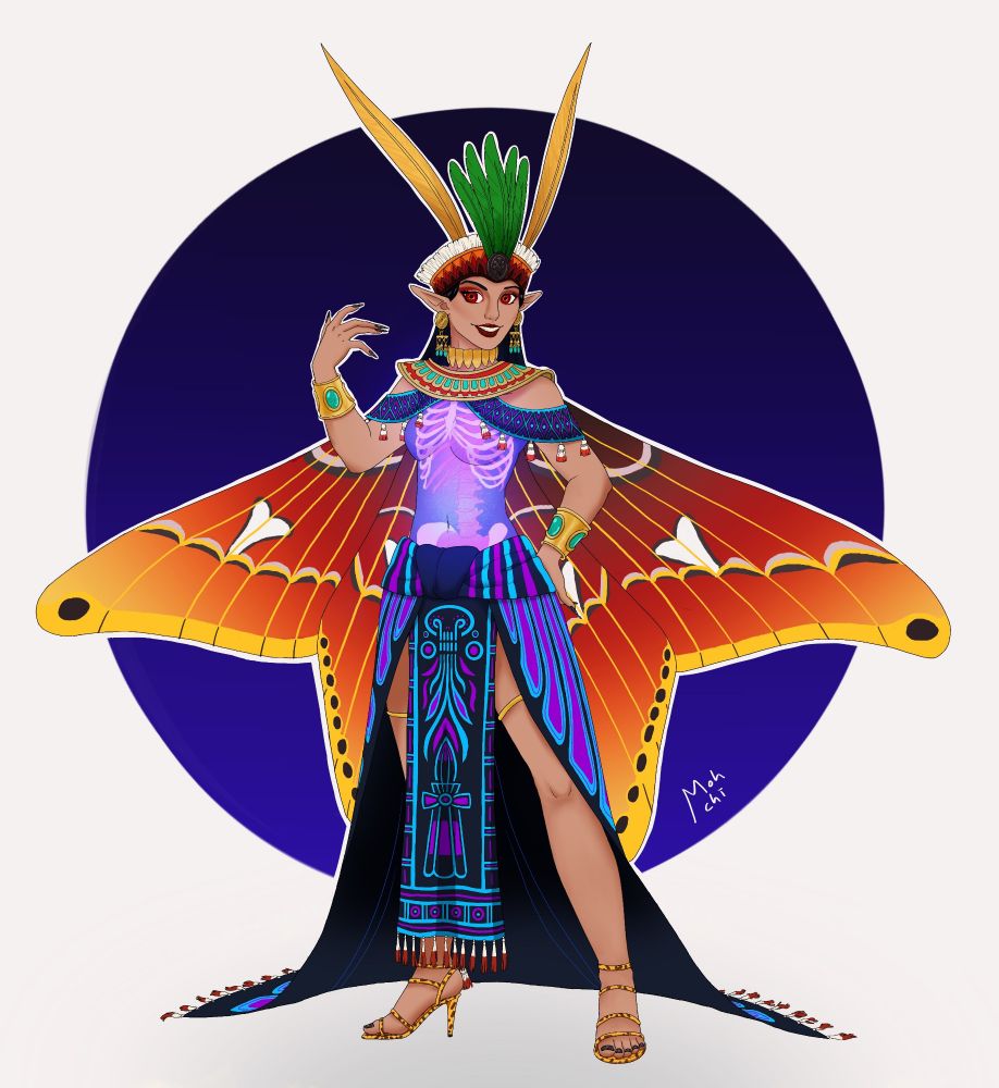 #ocart of a fairy queen wearing an Aztec-inspired outfit. She is wearing a headdress of feathers and gold jewelry. She has giant wings on her back like those of the Orizaba moth, and her torso is translucent so her spectral ribcage is visible