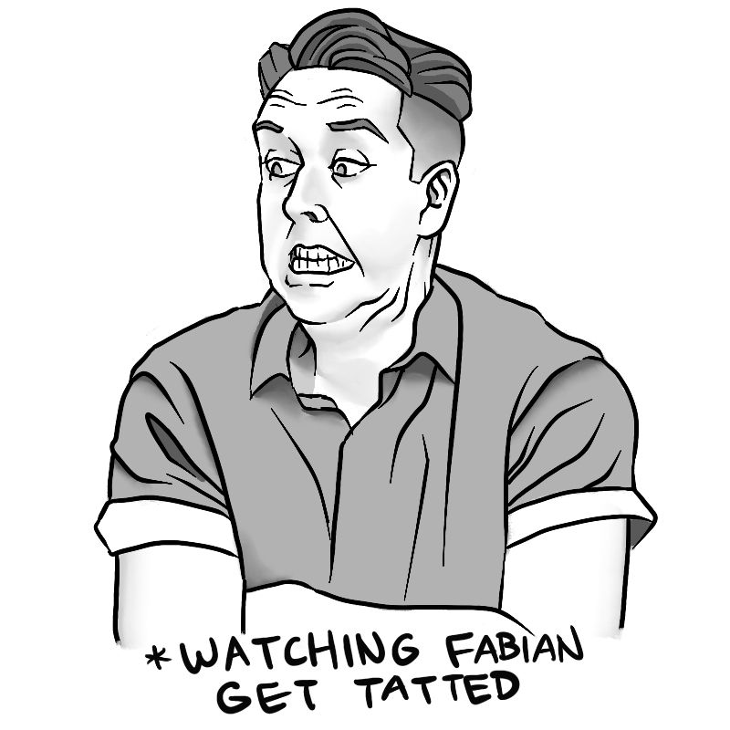Fanart of Brian Murphy portraying Riz Gukgak in Fantasy High Junior Year by Dimension20. He has a look of concern as he watches his friend get a makeshift tattoo
#fantasyhighfanart #fantasyhighjunioryear #fhjy #dimension20fanart #rizgukgak #brianmurphy