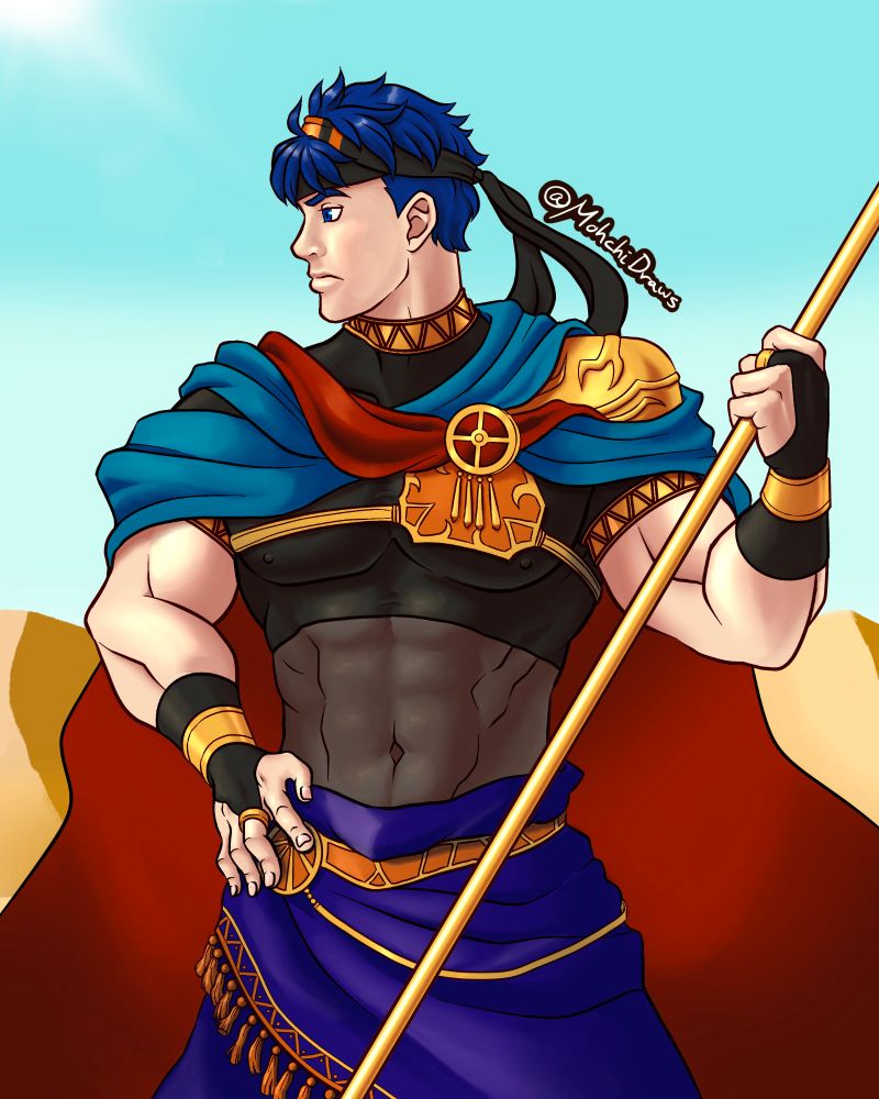 #fanart of Ike from Fire Emblem Radiant Dawn in a desert themed outfit. He is holding a golden lance and in a flowing cape, while parts of his body are covered in golden bangles and mesh like material.
#feh #fireemblem #FEIke #FEHIke