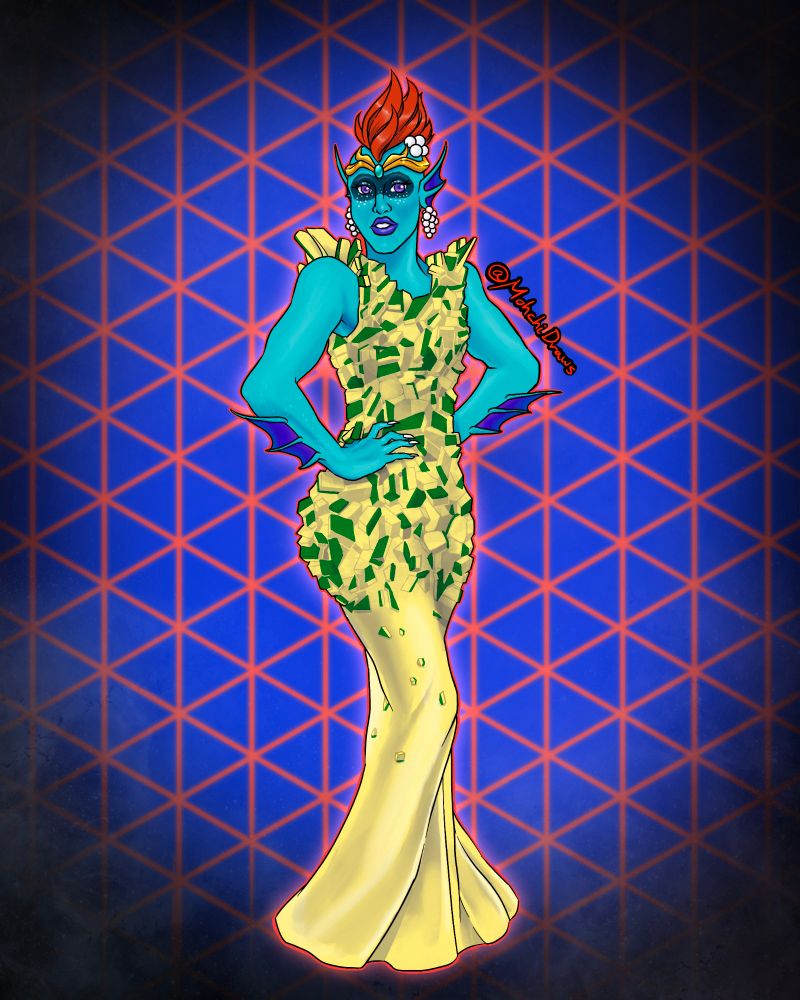 Art of Troyann from dungeons and drag queens in a dress made with sponges. Her skin is blue and she has purple fins on her face and arms, she has an orange Mohawk, dark makeup around her eyes like a mask. She is wearing a yellow dress that is covered in cut up sponges
#monetxchange #dimension20fanart #d20fanart #rpdr #dragrace 