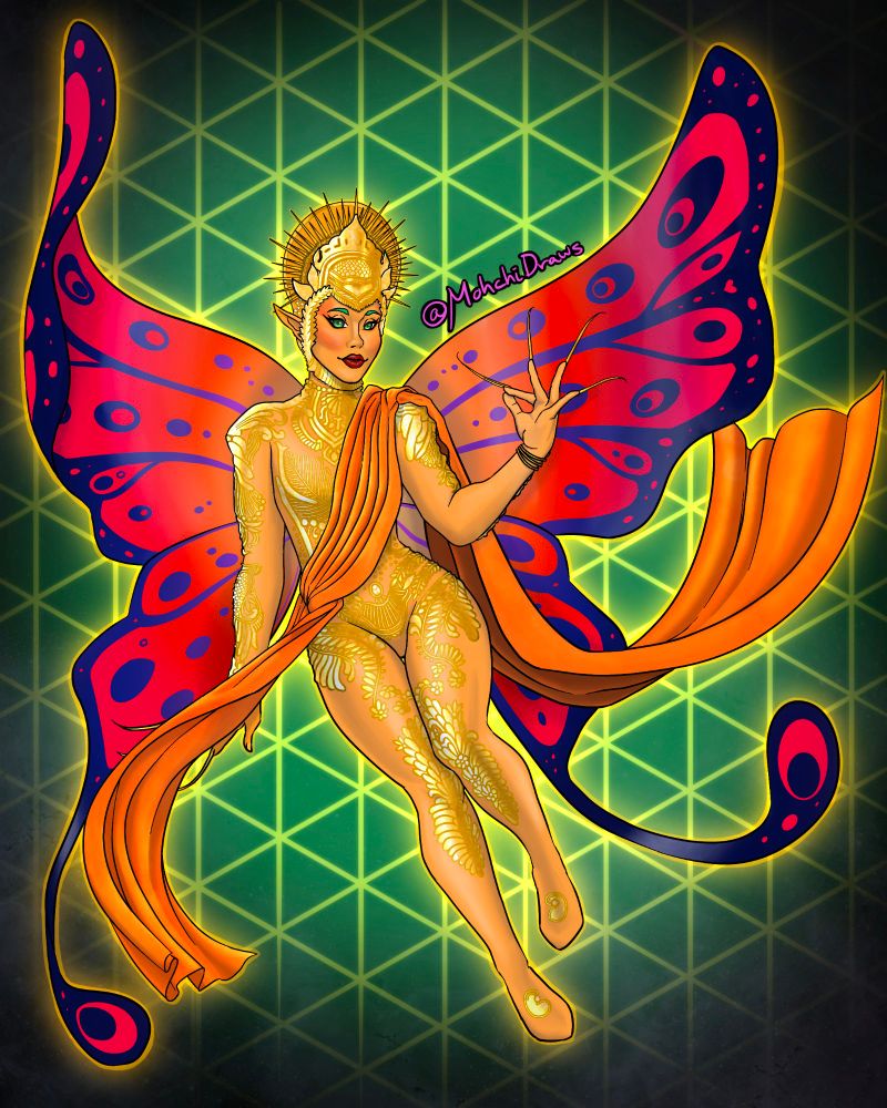 #fanart of Twyla from Dimension 20's Dungeons and Drag Queens. She is a fairy with orange skin, wearing gold and gems on her skin, a golden headpiece with a halo, and a vivid orange sash draping her body. She has a pair of large wings transitioning between magenta, red, orange, and gold

#dimension20 #dungeonsanddragqueens #jujubee #dimension20fanart #d20fanart #rpdr #dragrace #queerart #gayart