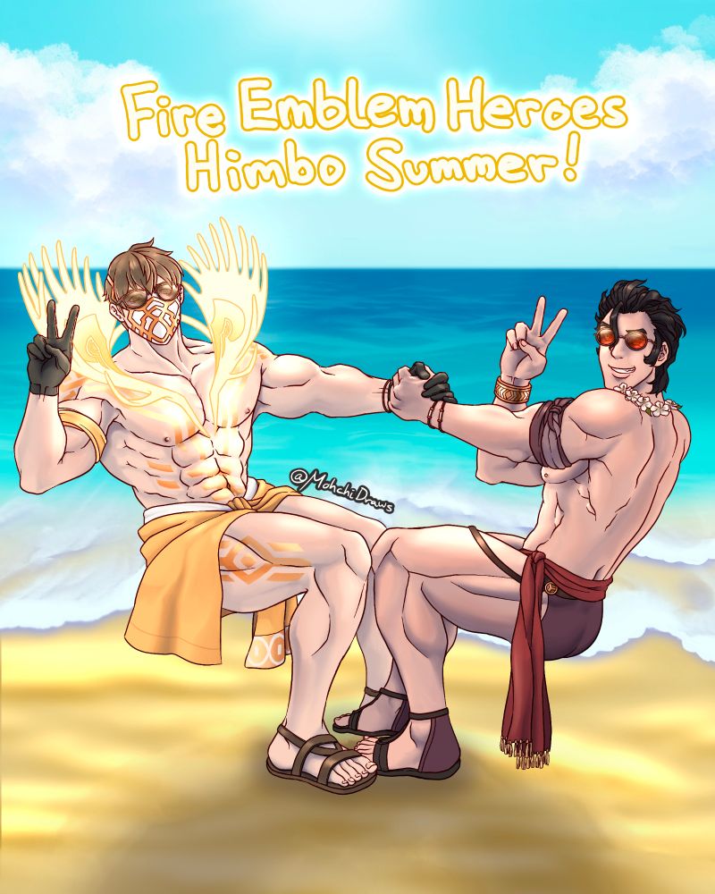 2 muscular characters from the game fire emblem heroes on a beach, clasping arms and leaning backwards so they support each other. They are making the peace symbol with their hands