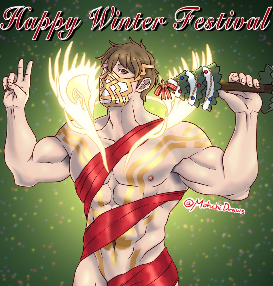 #fanart #bara #baraart of Eikþyrnir from Fire emblem heroes. Based on the ribbon meme, he is only covered in red ribbons, and holding his tree barbell