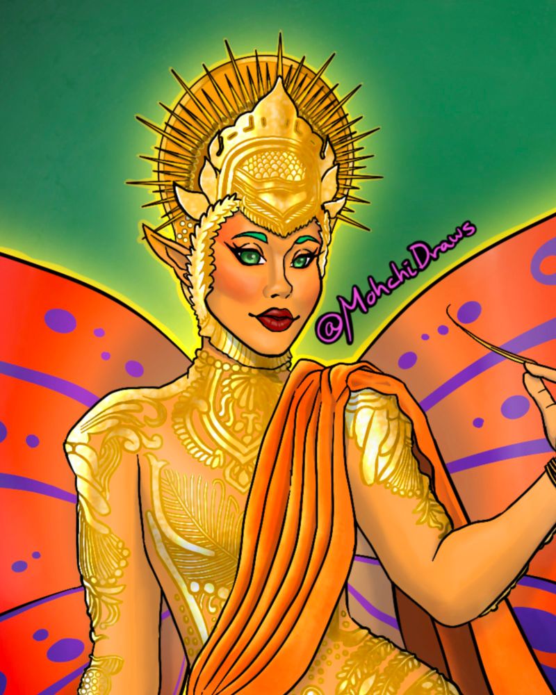 #fanart of Twyla from Dimension 20's Dungeons and Drag Queens. She is a fairy with orange skin, wearing gold and gems on her skin, a golden headpiece with a halo, and a vivid orange sash draping her body.

#dimension20 #dungeonsanddragqueens #jujubee #dimension20fanart #d20fanart #rpdr #dragrace #queerart #gayart