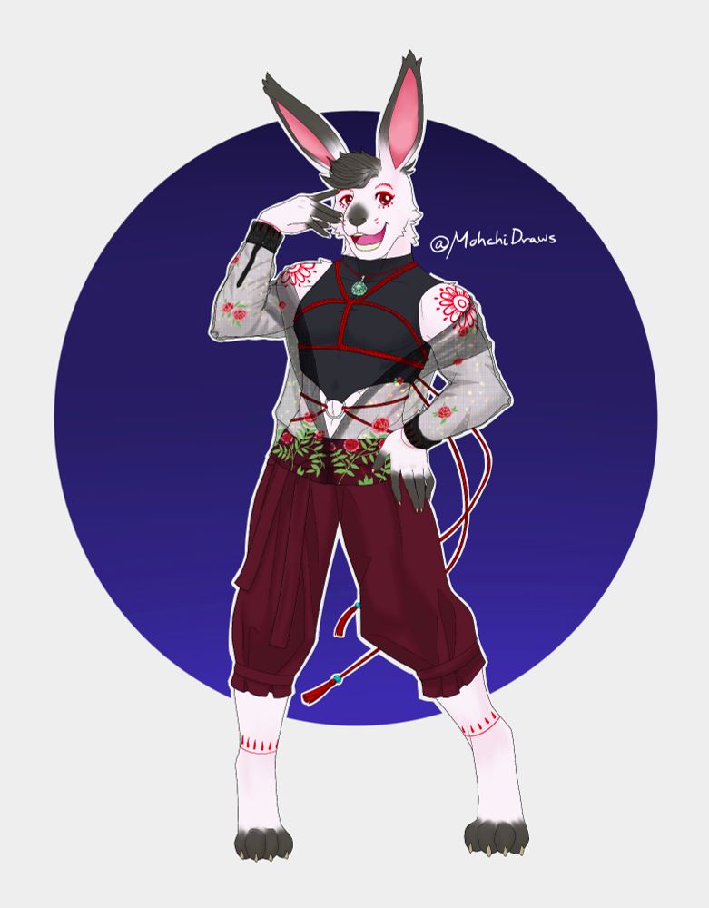 #ocart of a rabbit-person. His fur is white with black accents and he has red tattoos based on Chinese paper craft designs. He is wearing a sheer top and red pants, with red shibari ropes around his torso
#furry #furryart #fursona