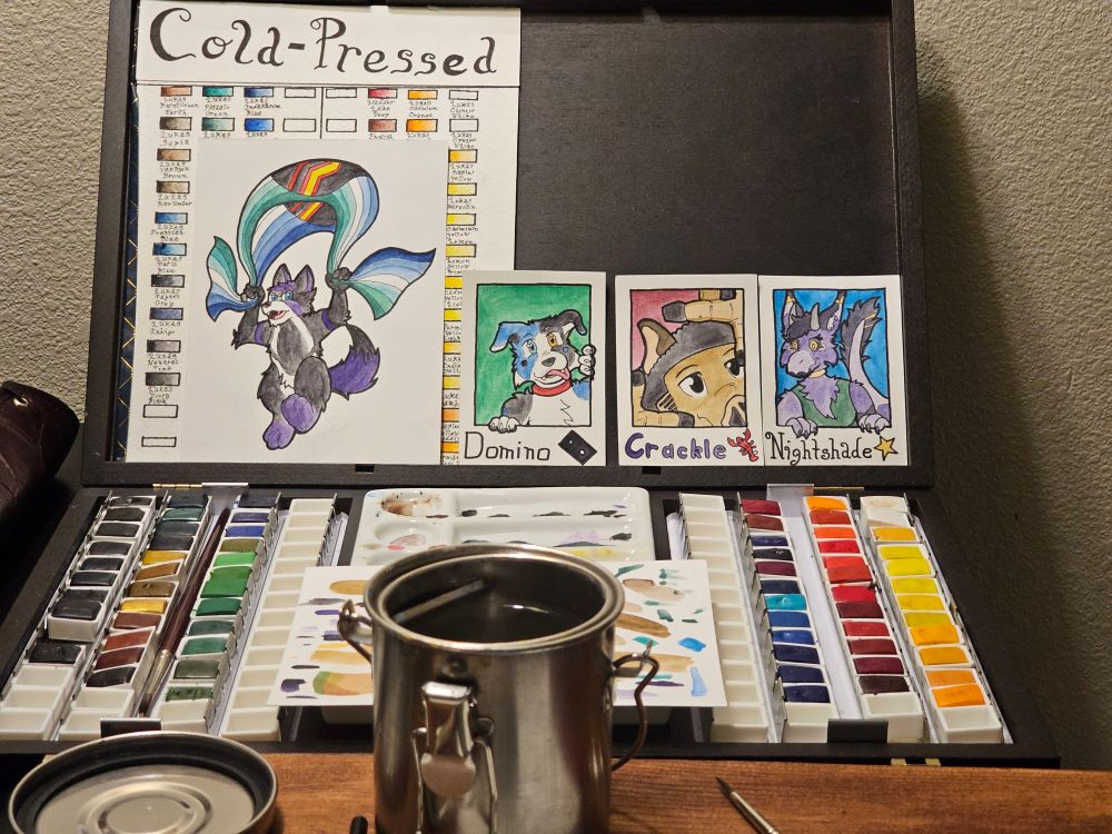 4 more small watercolors sitting on the watercolor palette.  3 are made to look like Polaroid pictures, one is of a character using a Pride flag as a parachute.