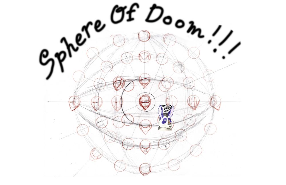 The sphere of doom, an art exercise about drawing heads from different angles.  The angles are marked out on a large sphere. And 41 smaller spheres represent the various heads to be drawn.  One head is actually drawn in,a panda with donkey ears.
