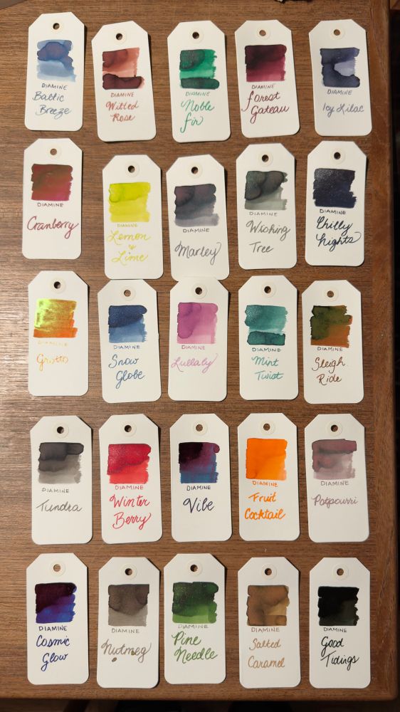 Twenty five Ivory paper tags with different coloured ink swatch
