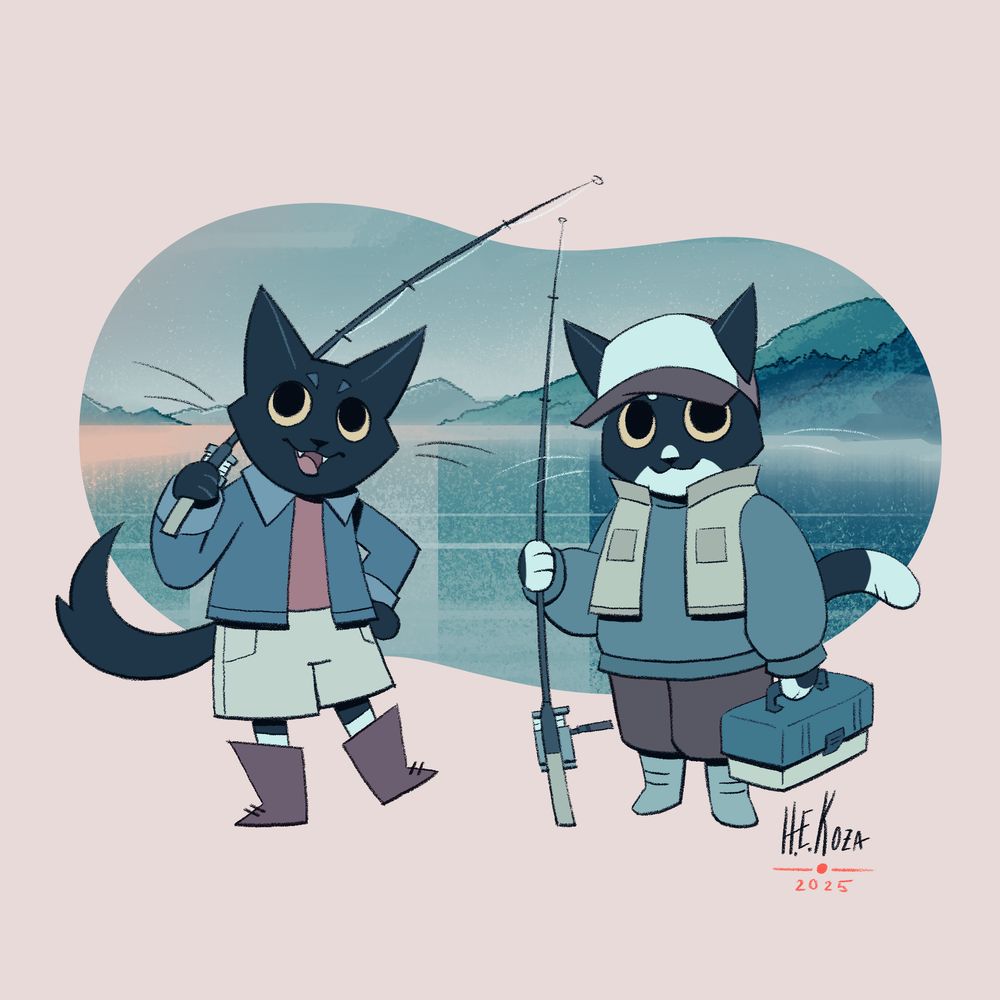 Stylized drawing of two cat characters.