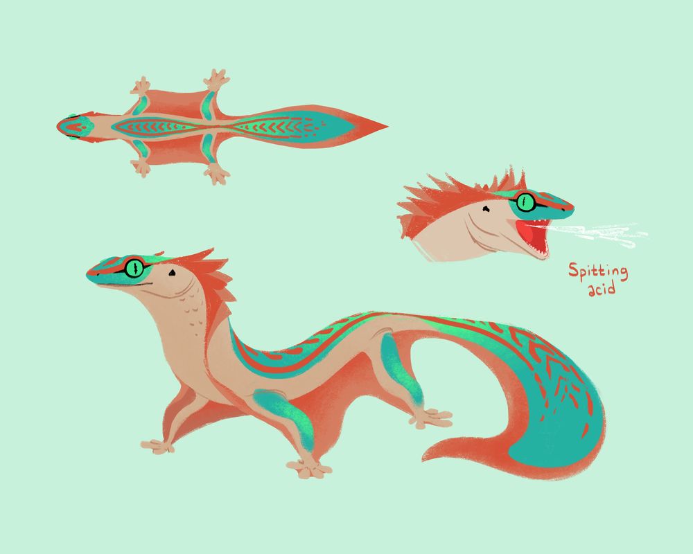 Creature design of a green, coral, and beige gecko-like animal with a membrane connecting its arms and acid spit.