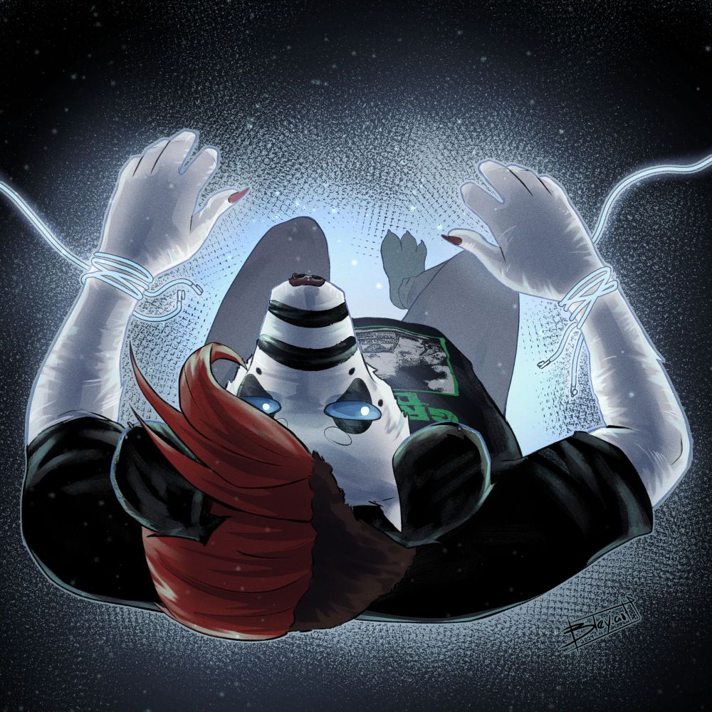 A white and grey dog character with a red Mohawk and blue eyes lays on his back. His hands are elevated and are bound with glowing headphones. 