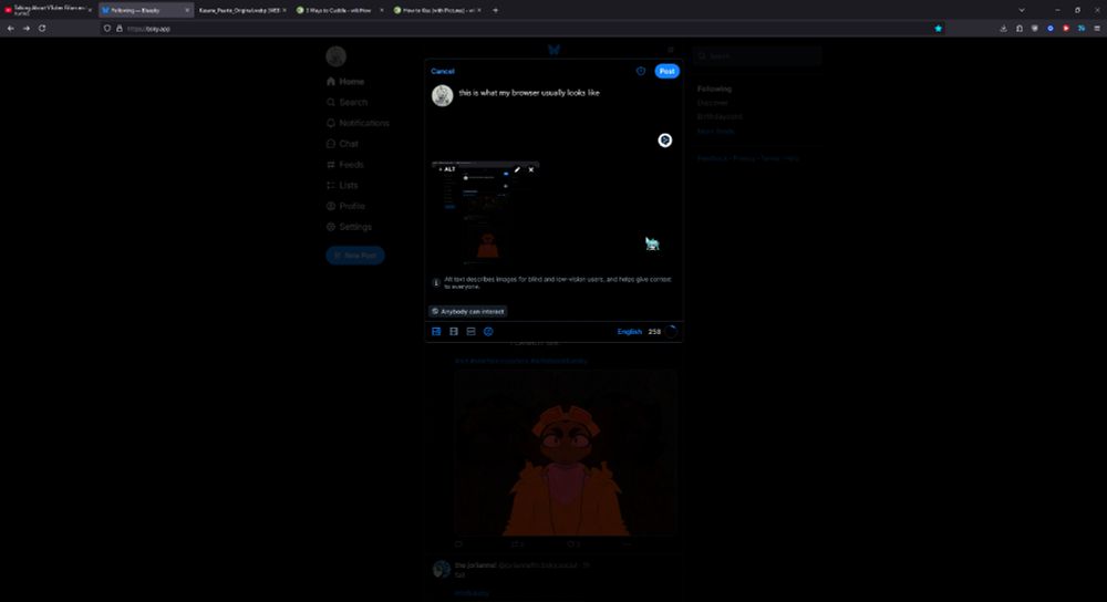 A photo of Happiness's firefox browser with various tabs, from youtube slop, to bluesky, to Kasane Pearto, then on to two WikiHow tabs with How-Tos on how to Cuddle and Kiss