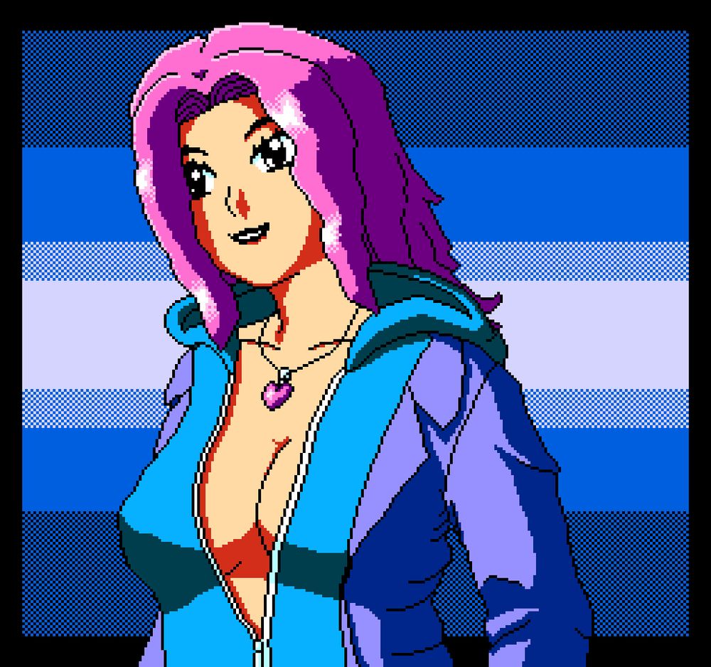 Pink-haired girl in a blue hoodie and a blueish jacket over it, the hoodie is half-open and she's also wearing a heart locket. The background is blue and white beams of color, horizontal.