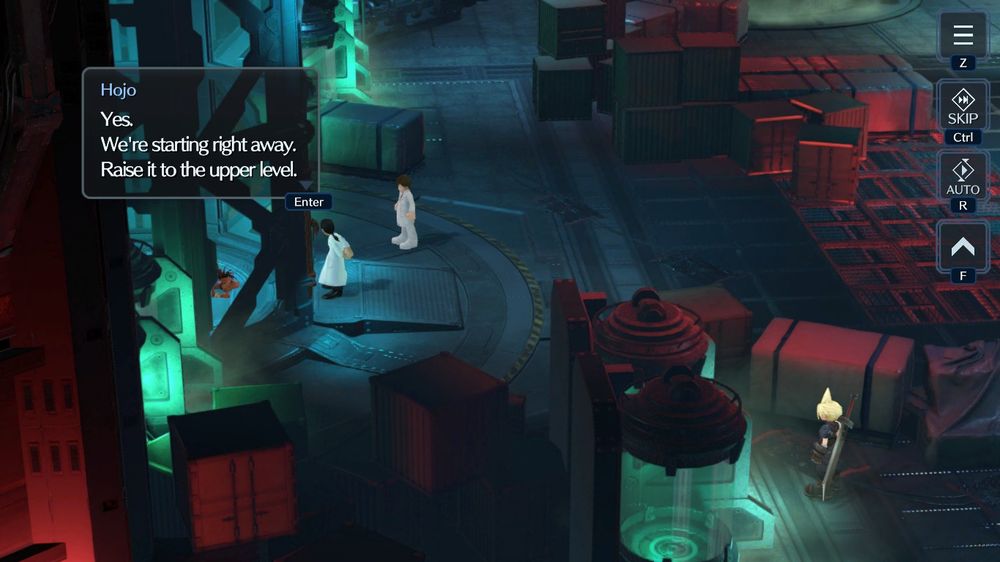 Red XIII/Nanaki is in a sealed elevator and is growling.
Hojo: Yes. We're starting right away. Raise it to the upper level.
