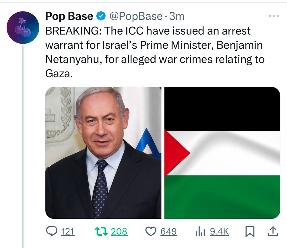 Netanyahu is announced as a war criminal via icc warrants with a Palestinian flag 