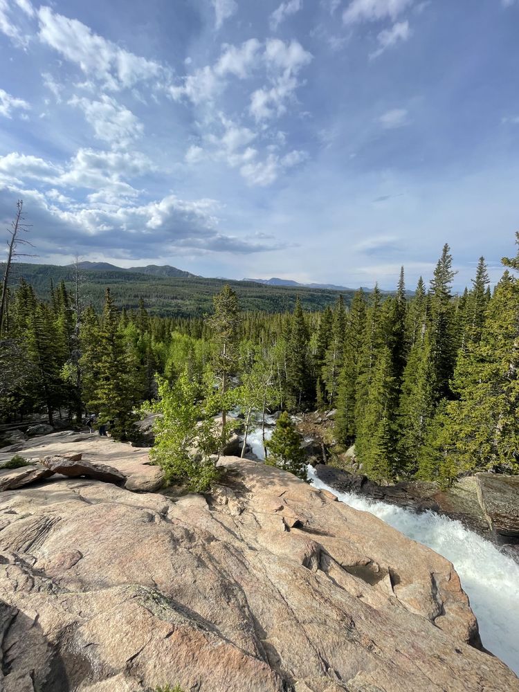 A scenic view from Alberta Falls in Rocky Mountain National Park, taken from a rocky ledge overlooking a densely forested valley and distant mountains under a partly cloudy sky. A waterfall is churning in the foreground.