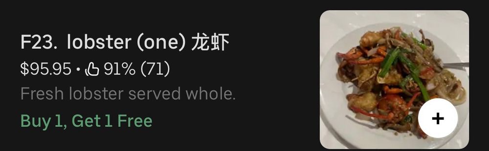 an uber eats screenshot of a place offering buy one get one free lobster for $95.95