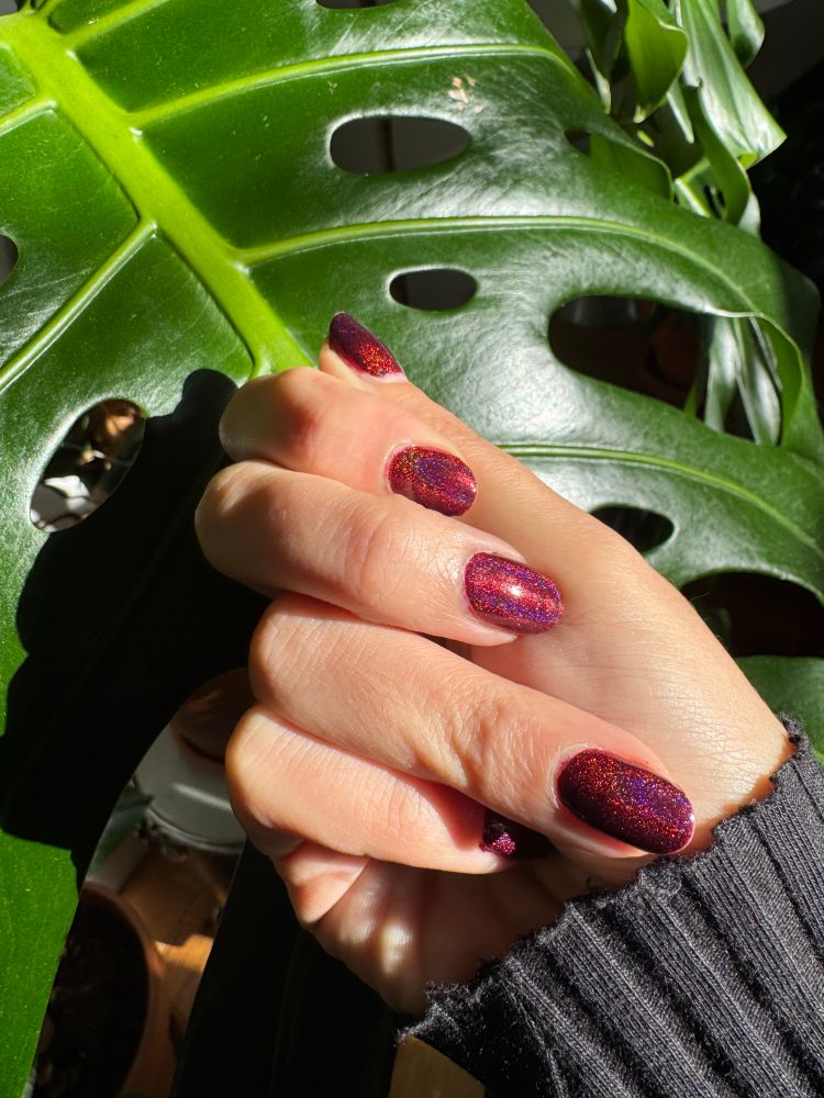 holographic red nails with a monstera in the background 