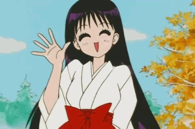 a cartoon girl is wearing a white kimono and a red skirt and waving .