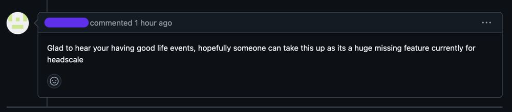 A comment on a GitHub issue that reads, "Glad to hear your having good life events, hopefully someone can take this up as its a huge missing feature currently for headscale"