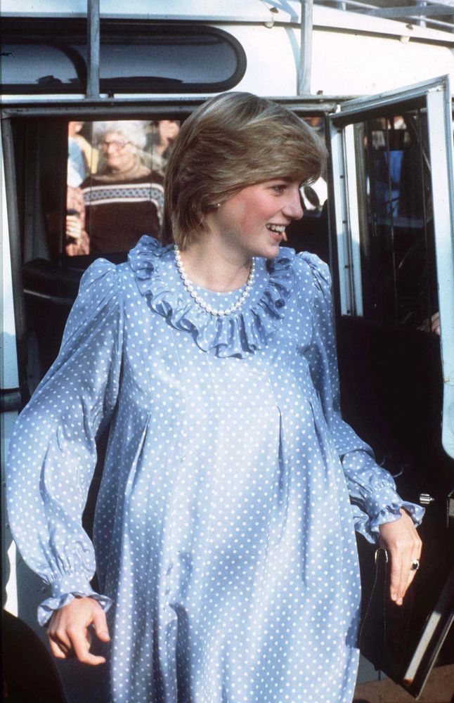 Princess Diana in a very frilly 80s maternity dress