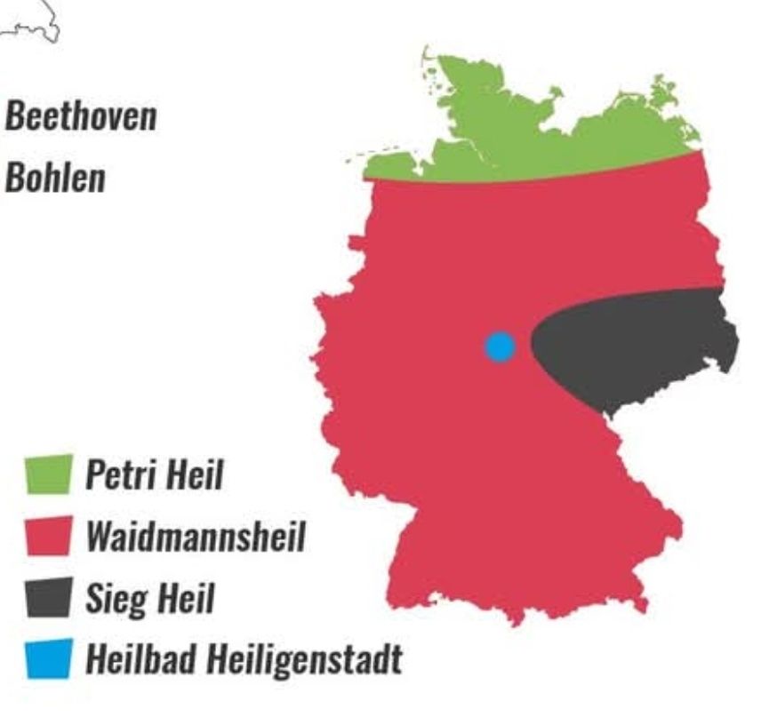 Eine Deutschlandkarte von Katapult mit den Regionen
Petri Heil (Norden)
Sieg Heil (Großsachsen)
Waidmannsheil (Rest bis auf:)
Heilbad Heiligenstadt