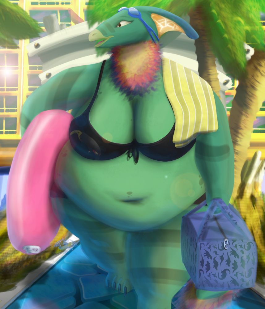 A front-facing view of a plus-sized female anthropomorphic green parasaur in swimwear walking towards the viewer. She is carrying an inflated pink tube and a purple bag, has a yellow striped towel draped over her left shoulder, and blue swimming goggles are strapped on her forehead. The background reflects a summery holiday resort.