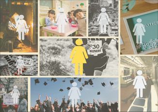 a collage of images of education with a 'woman' siloutte over top 